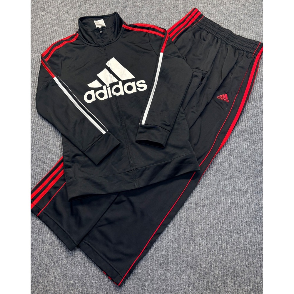 Adidas Kids Tracksuit Set Black Red 3-Stripe Full Zip Jacket Pants Size M 10/12